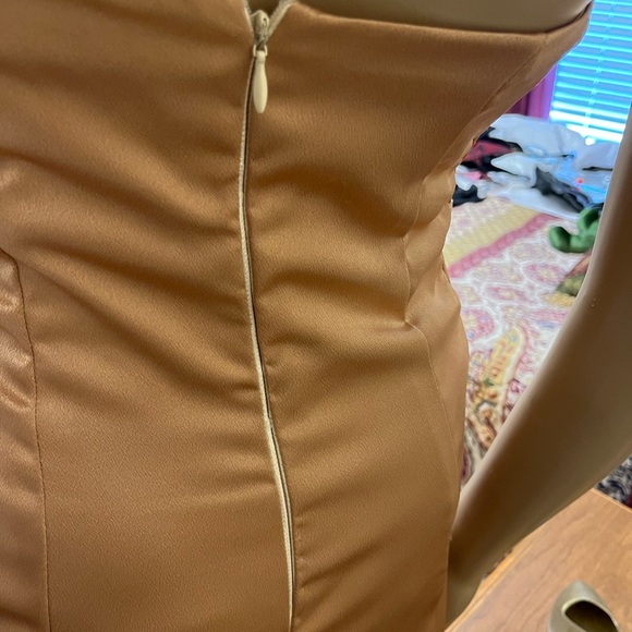 Beautiful custom made Gold Satin Prom Dress.  Strapless and lace up on the sides - Picture 3 of 5